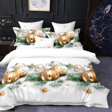Lenjerie de pat globuri aurii pentru pat dublu Crăciun  - finet, 6 piese, cearșaf fără elastic LF7XMAS-20039