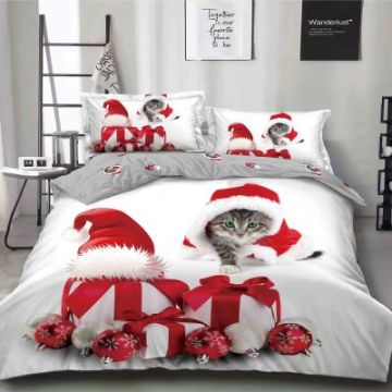 Lenjerie de pat pentru pat dublu cu pisică Crăciun - finet, 6 piese, cearșaf fără elastic LF7XMAS-20020