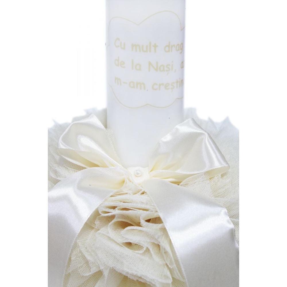 LB01-02 Lumanare botez cu tulle ivoire si funda - Cu mult drag de la Nasi - 30x5 cm - imagine 1