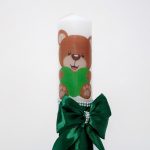 Lumanare botez cu panglica, funda si margele - Ursuletul Iubitor, Verde, 35x5 cm