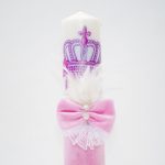 Lumanare botez cu catifea, papion, dantela si puf alb - Coroana Regala, Roz, 35x7 cm - imagine 2