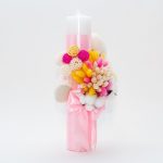 Lumanare botez cu flori uscate, spice de grau si jucarie Ursulet aplicata, Roz, 35x5 cm - imagine 2