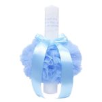Lumanare botez cu tulle bleu si funda - Cu mult drag de la Nasi - 30x5 cm