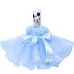 Lumanare botez cu volane si funda bleu - Mickey Mouse - 30x5 cm