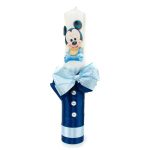 Lumanare botez cu imprimeu Mickey Mouse, panglica bleumarin si funda bleu cu buline - 35x5 cm