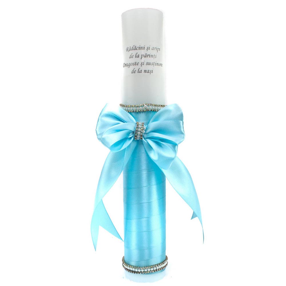 LB145 Lumanare botez cu panglica bleu si funda - Radacini si aripi - 35x5 cm - imagine 1