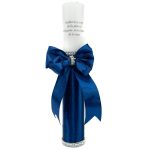 Lumanare botez cu panglica bleumarin si funda - Radacini si aripi - 35x5 cm