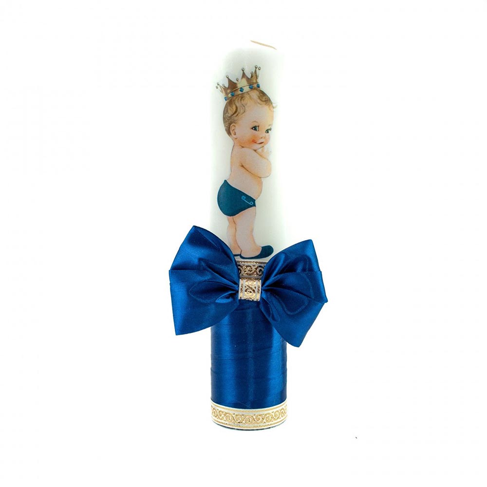 LB148 Lumanare botez cu panglica bleumarin si funda- Bebe Print- 30x6.5 cm - imagine 1