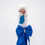 Lumanare botez cu panglica, funda si margele - Ingeras, Albastru Electric, 35x5 cm - imagine 3