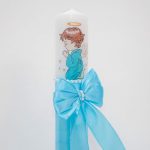 Lumanare botez cu panglica, funda si margele - Ingeras, Bleu, 35x5 cm - imagine 2