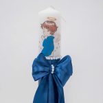 Lumanare botez cu panglica, funda si margele - Ingeras, Bleumarin, 35x5 cm - imagine 3