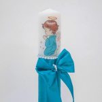 Lumanare botez cu panglica, funda si margele - Ingeras, Turcoaz, 35x5 cm - imagine 3