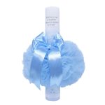 Lumanare botez cu tulle bleu si funda - Radacini si aripi - 35x5 cm