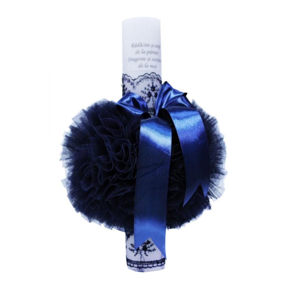 LB165 Lumanare botez cu tulle bleumarin si funda - Radacini si aripi - 35x5 cm - imagine 1