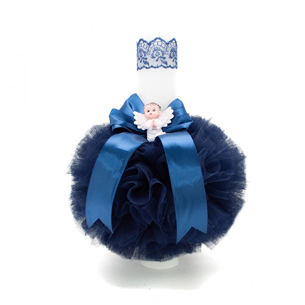 LB169 Lumanare botez cu tulle si panglica bleumarin - Ingeras- 35x5 cm - imagine 1