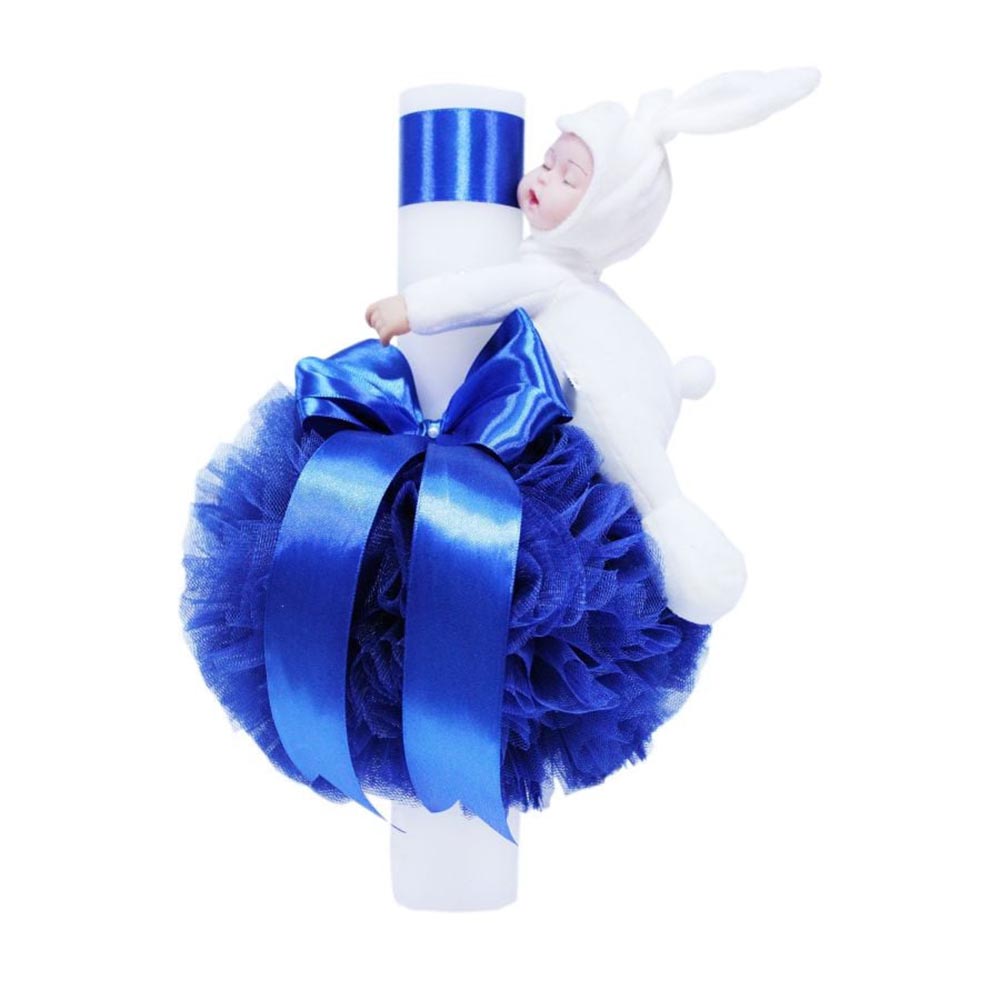 LB170 Lumanare botez cu tulle albastru electric si funda - Iepuras alb - 30x5 cm - imagine 1