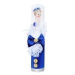 Lumanare botez cu aplicatii din pene, funda si banuti aurii - Bebe print - Albastru - 40x7 cm