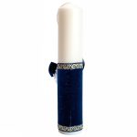 Lumanare botez cu aplicatii din pene, funda si banuti aurii - Bleumarin - 35x7cm - imagine 3