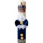 Lumanare botez cu aplicatii din pene, funda si banuti aurii - Coroana - Bleumarin