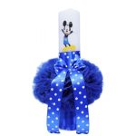 Lumanare botez cu tulle albastru electric si funda cu buline - Mickey Mouse - 40x7 cm
