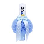 Lumanare botez cu tulle bleu si funda cu buline - Mickey Mouse - 40x7 cm