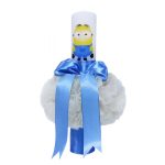Lumanare botez cu tulle crem si funda bleu - Minion - 40x7 cm