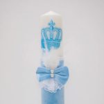 Lumanare botez cu catifea, papion, dantela si puf alb - Coroana Regala, Bleu, 35x7 cm - imagine 2