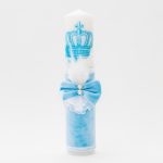 Lumanare botez cu catifea, papion, dantela si puf alb - Coroana Regala, Bleu, 35x7 cm