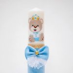 Lumanare botez cu catifea, papion, dantela si puf alb - Ursuletul Print, Bleu, 35x7 cm - imagine 2