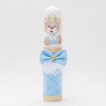 Lumanare botez cu catifea, papion, dantela si puf alb - Ursuletul Print, Bleu, 35x7 cm