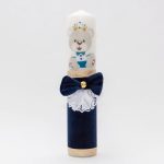 Lumanare botez cu catifea, papion, dantela si puf alb - Ursuletul Print, Bleumarin, 35x7 cm