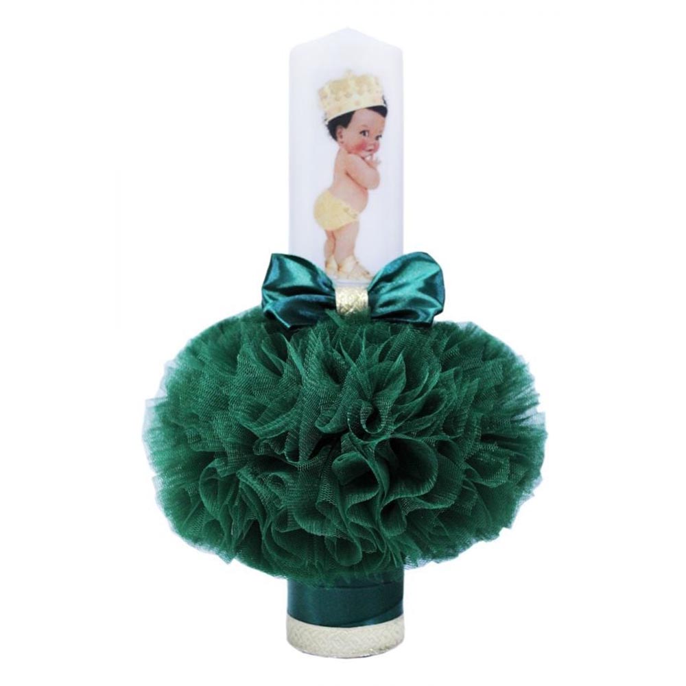 LB199 Lumanare botez cu tulle si funda verde - Bebe Print - 35x7 cm - imagine 1