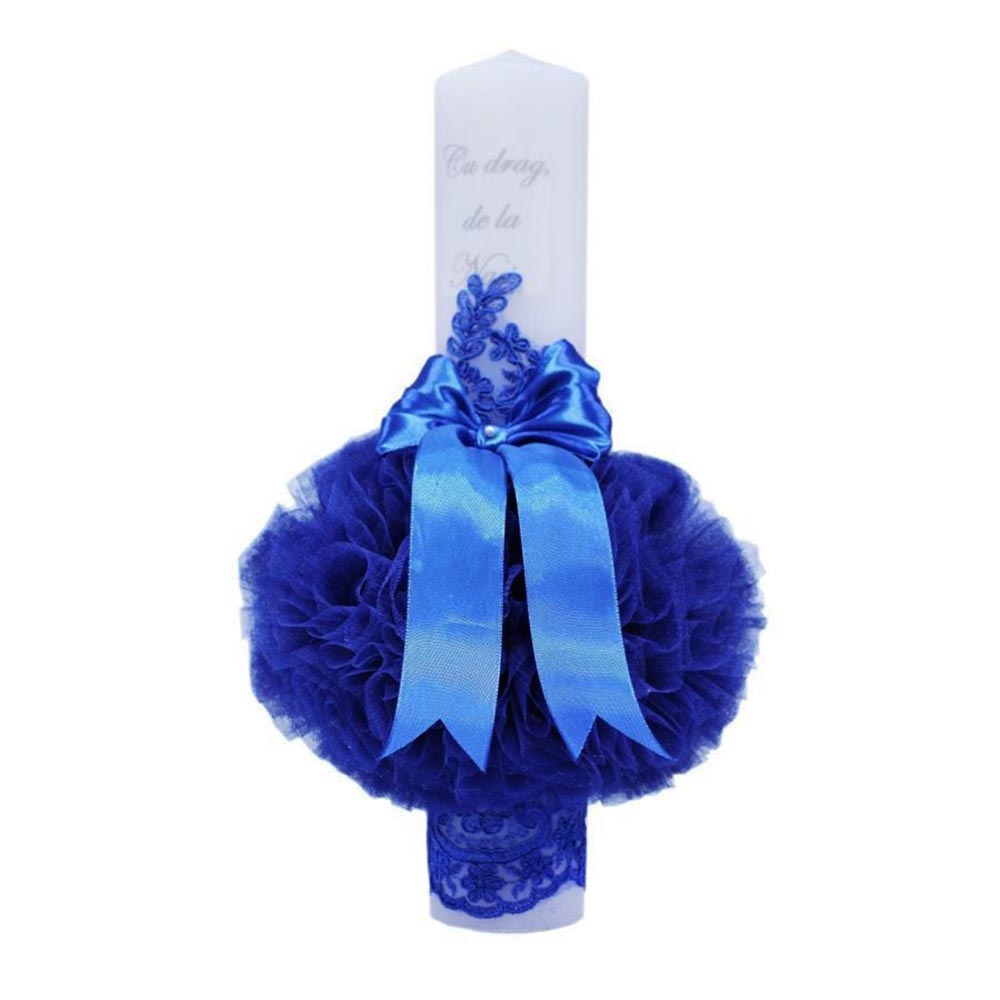 LB201 Lumanare botez cu tulle albastru electric, funda si broderie - Cu drag de la Nasi - 40x7 cm - imagine 1