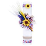 Lumanare traditionala botez cu spice de grau colorate si panglica stil traditional - 40x7 cm