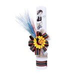Lumanare traditionala botez cu imprimeu taranus, panglica traditionala si spice de grau colorate - 35x5 cm