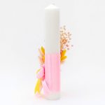 Lumanare botez cu flori uscate si spice de grau, Minnie, Roz, 35x6 cm - imagine 2