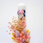 Lumanare botez cu flori uscate si spice de grau, Minnie, Roz, 35x6 cm - imagine 3