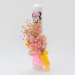 Lumanare botez cu flori uscate si spice de grau, Minnie, Roz, 35x6 cm