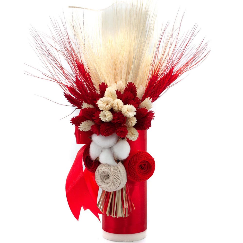 LB250 Lumanare botez cu flori uscate si spice de grau, Rosu, 35x5 cm - imagine 1