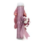 Lumanare botez cu panglica roz pudrat si funda- Iepuras- 35x7 cm - imagine 2