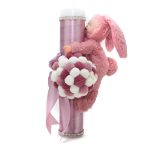 Lumanare botez cu panglica roz pudrat si funda- Iepuras- 35x7 cm