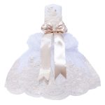 Lumanare botez cu tulle alb-stralucitor, funda si broderie - Bej - 45x7 cm
