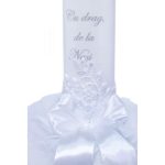 Lumanare botez cu tulle alb, funda si broderie - Cu drag de la Nasi - 40x7 cm