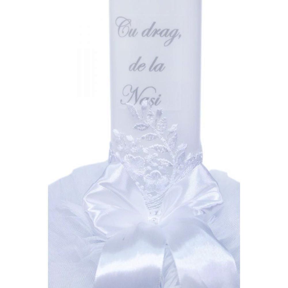 LB32-02 Lumanare botez cu tulle alb, funda si broderie - Cu drag de la Nasi - 40x7 cm - imagine 1