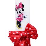 Lumanare botez cu imprimeu Minnie Mouse, funda si panglica rosie cu buline - 30x5 cm - imagine 2