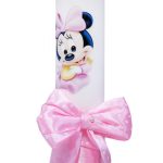 Lumanare botez cu imprimeu Minnie Mouse, funda si panglica roz cu buline - 30x5 cm - imagine 2