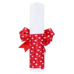Lumanare botez cu imprimeu Winnie-The-Pooh, funda si panglica rosie cu buline - 30x5 cm