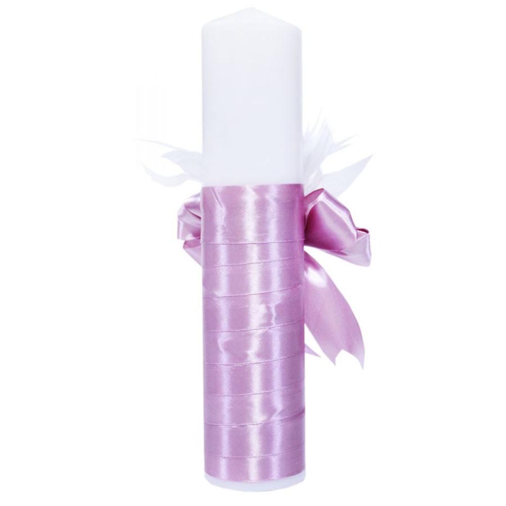 LB62-02 Lumanare botez cu panglica roz si aplicatii din pene - Cu mult drag de la nasi - 30x5 cm - imagine 1