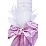 Lumanare botez cu panglica roz si aplicatii din pene - Cu mult drag de la nasi - 30x5 cm - imagine 2