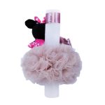 Lumanare botez cu tulle roz pudrat si funda - Jucarie Minnie Mouse aplicata - 35x5 cm - imagine 2